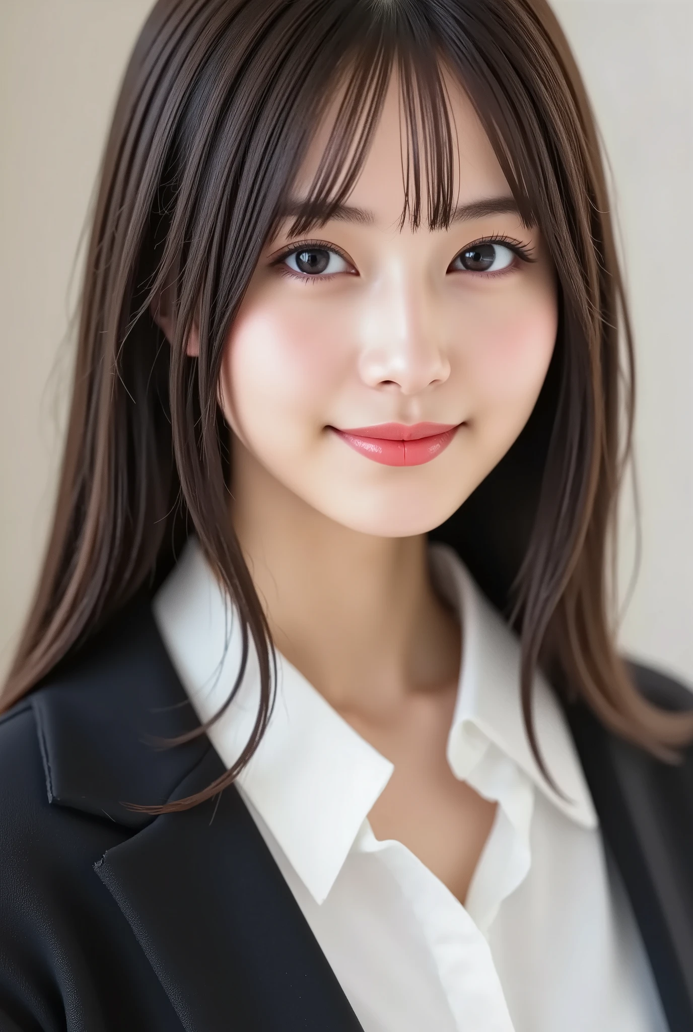 masterpiece, with the face positioned accurately in the center of the image,  fine, clean skin、white blouse and black jacket,document background、long black hair, Bangs, smile, 8k, Tight chest
