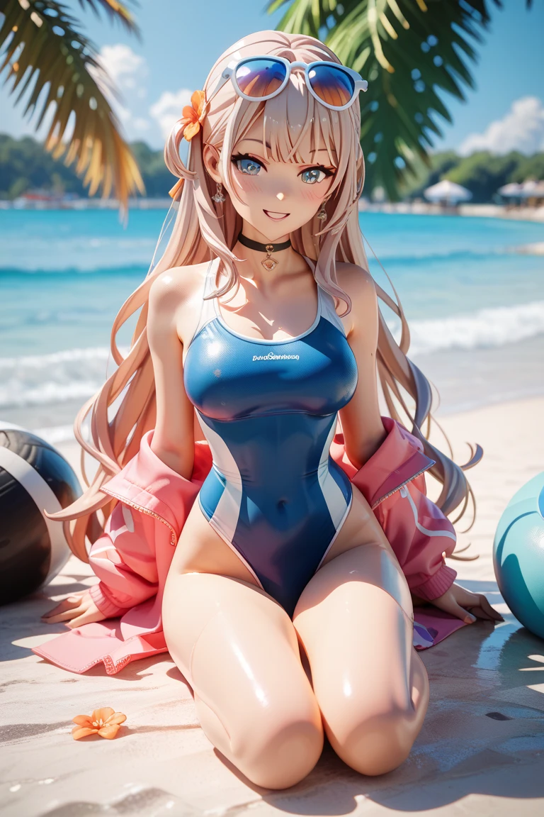(Masterpiece), (Best Quality), (Ultra-detailed), (Full Body: 1.2) Teen Girl, Light and Detailed, Clear Smile, Full Body, Beautiful Hair, Beach, Bikini, barefoot.