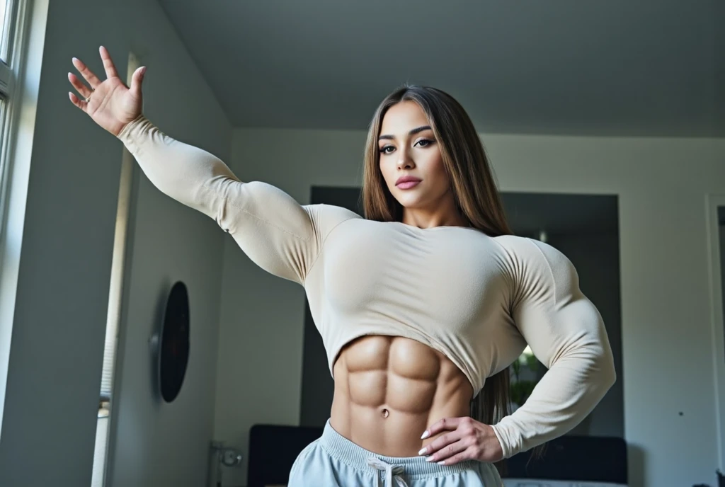 (Muscular:1.7), (large round breasts:1.4), (large muscular chest and shoulders:1.1), (tween girl:2.1), FEMALE, brown hair, long brown hair, (big smile:1), (wearing a tight long sleeve shirt and miniskirt:1.5), looking at viewer, (facing camera view:1.2), upper body view, (living room:1.6), dark lighting, detailed skin, detailed eyes, (clean skin:1.5), (tiny waist:1.5), exaggerated hourglass physique, (huge body muscles:1.7), (one protagonist:1.5),
