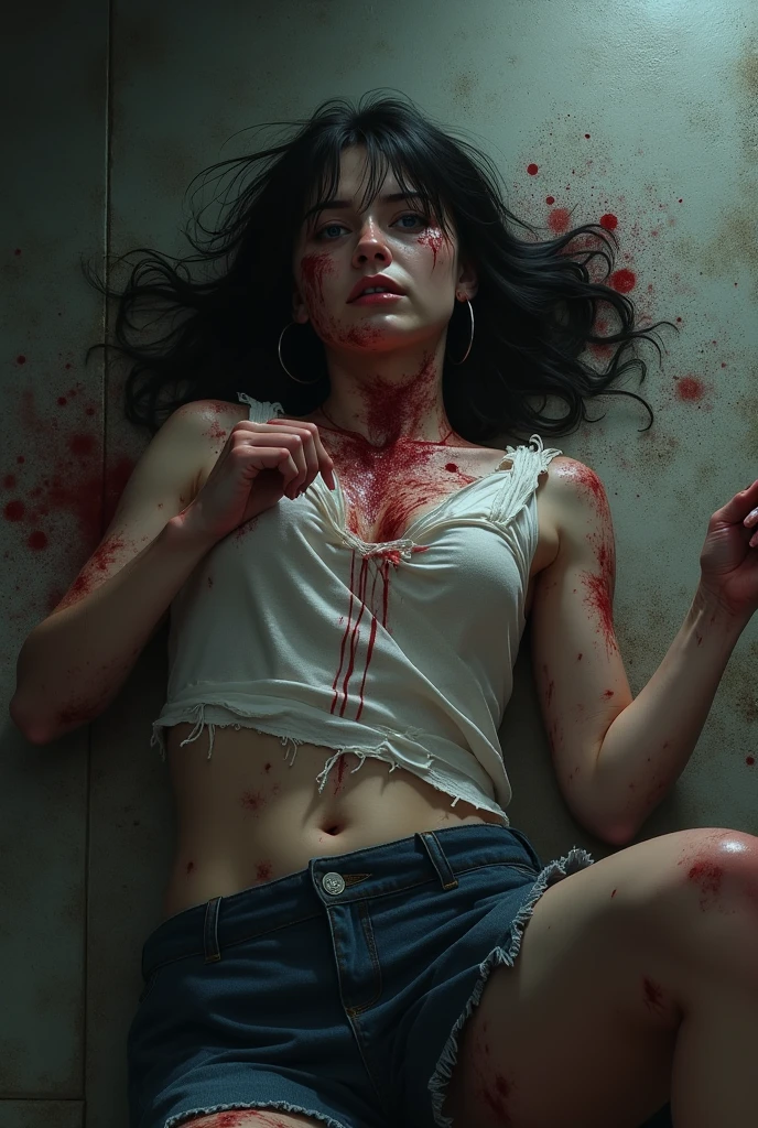 European skinny young teenage girl being treated like animal beast, at school, pokie flat chest, dirty bloody skin, seducing pose, sitting on the floor, bruises, bloody scars, hidden camera, horror videogame trailer, hairy, empty house, correct anatomy