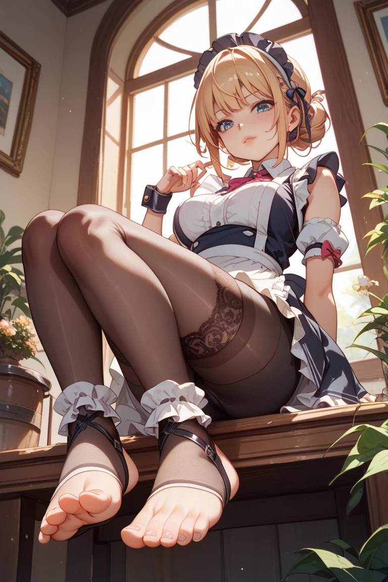 (masterpiece, best quality:1.2), ((Extremely detailed)), high resolution, Anime style , photo, photography, Detailed background,1. Beautiful woman Lei Dianming, (Pantyhose), boots,Cowboy shooting, Looking at the audience,A faint smile, earrings, skirt, Necklace, Vest, Cross your legs, From below, On the sofa, Windows, living room,Anime style,blond