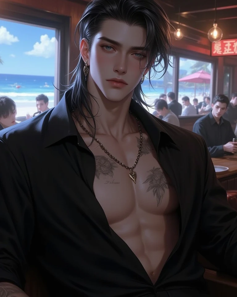 ((best quality)), ((masterpiece)), (detailed), 90s anime style, handsome man, Japanese, sexy clothes, muscular, anime boy, tatto, 1 male, adult, handsome, tall muscular guy, finely detailed eyes and detailed face, extremely detailed CG unitymasterpiece, black leather, looking at viewer, standing, straight-on, holding a banana between your legs