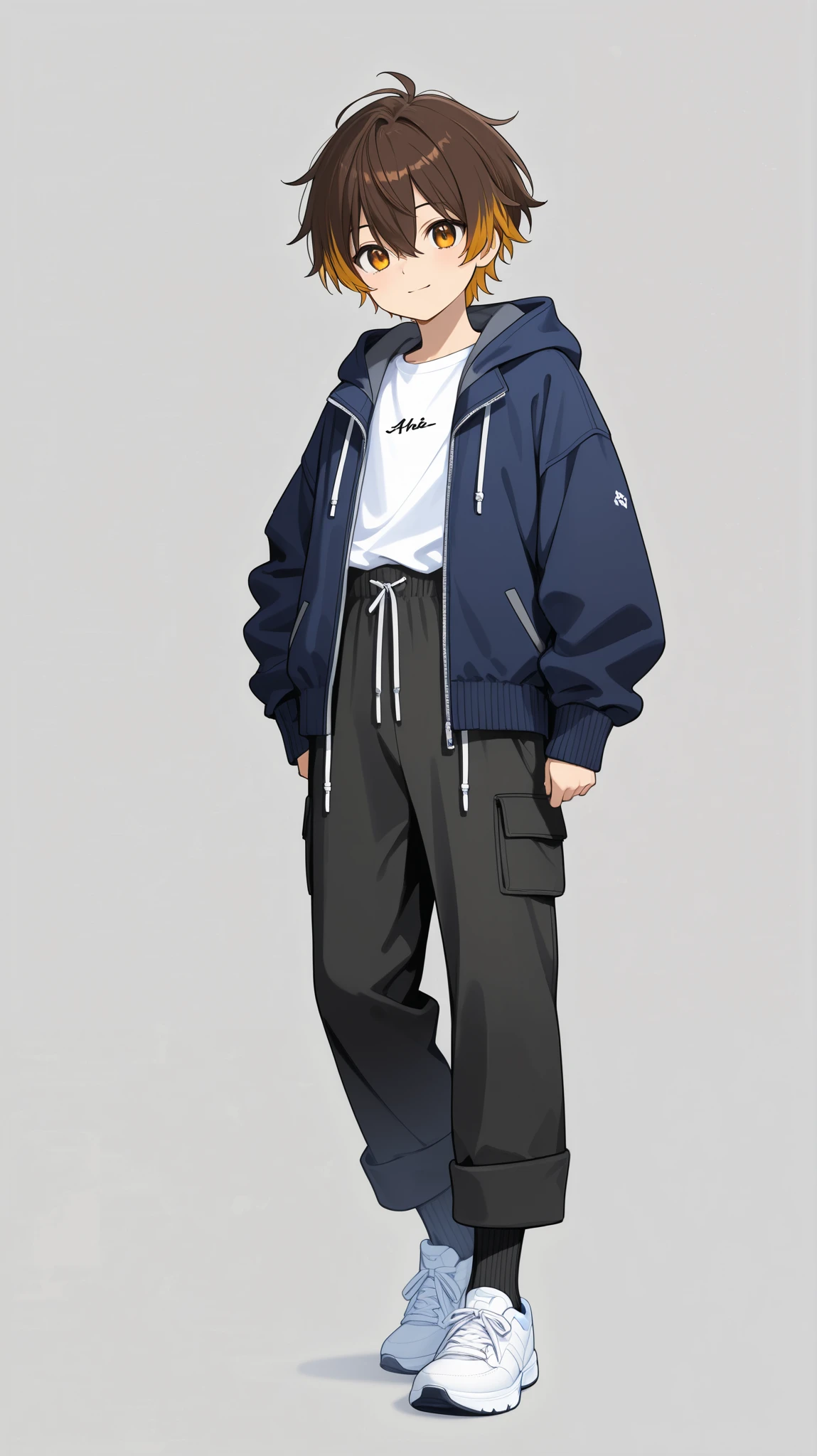 A full-body anime-style illustration of a young male character with a casual yet stylish outfit. He has short, slightly messy brown hair with a few natural highlights, soft expressive eyes, and a neutral yet calm expression. He wears a loose-fitting dark blue hoodie with a front pocket, ribbed cuffs, and a drawstring at the hood. In another variation, he wears a white T-shirt layered with an open dark blue zip-up jacket, slightly oversized with a relaxed fit. His black jogger pants are slightly cropped at the ankles, featuring a drawstring waist and subtle folds for a natural look. He completes the outfit with clean white sneakers that have a simple yet modern design. The background is plain and minimalistic, with soft lighting to emphasize the character’s warm and approachable aura