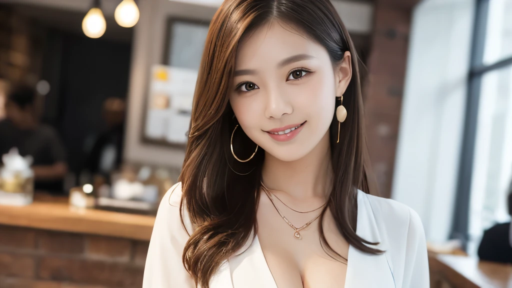 A very cute face like a 15-year-old idol　Smiling Kindly　In a blouse　(whole body)　Cleavage　Medium Bust　Stylish wine bar　Cinema lighting　Natural light　Artistic　RAW Photos　Genuine　High quality that is indistinguishable from real life　Real Stick　High resolution