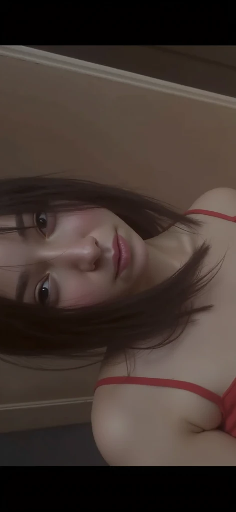 On the bed、Close-up photo of a beautiful naked woman、Black Hair、bangs、Place two images, up and down