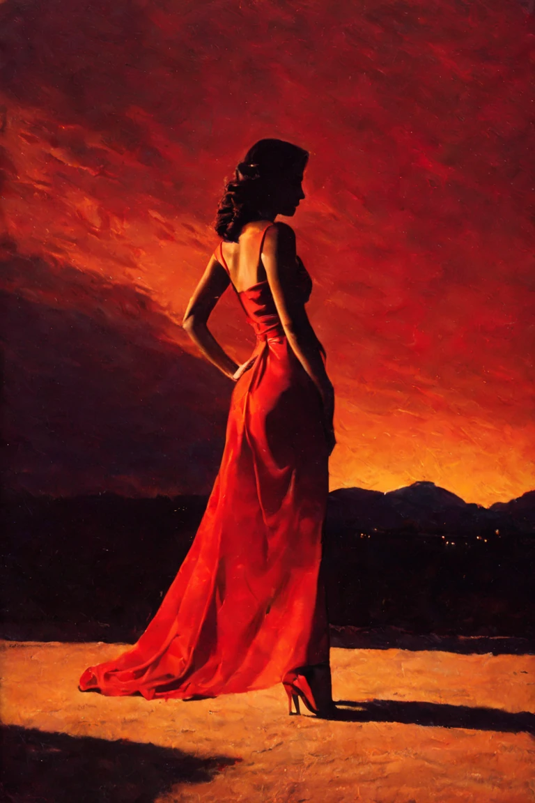 a sensual oil painting, a woman in a vibrant red dress, realistic, cinematic lighting, dramatic black and white background, intricate details, john singer sargent style, high contrast, chiaroscuro, dramatic shadows, sophisticated composition, bold brushstrokes, luminous skin tones, emotive expression, urban city setting, moody atmosphere, (focal object in one vibrant color:1.7), (best quality,8k,highres,masterpiece:1.2),ultra-detailed,(realistic,photorealistic:1.37),dramatic lighting,cinematic composition,sophisticated,elegant,emotive