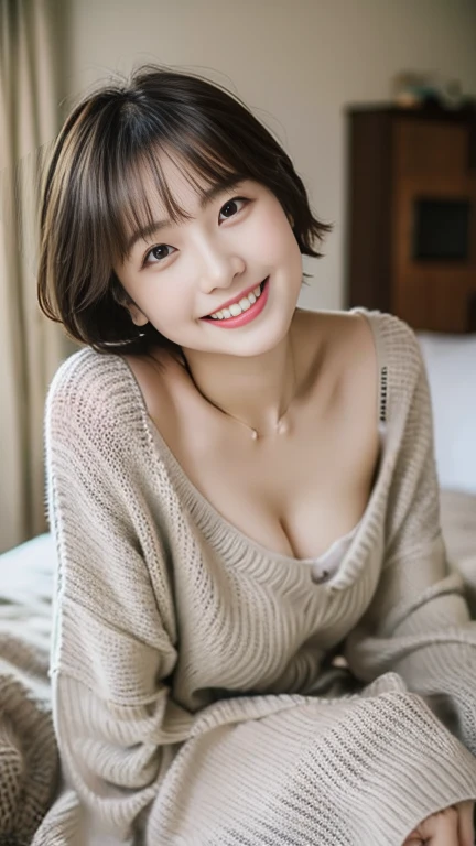 ((Night, Realistic Light, Best Quality, 8K, Masterpiece: 1.3)), 1girl, Slim Beauty: 1.4, Abs: 1.1, (Brown hair, huge breasts: 1.3), Long pink sweater: 1.1, Bathroom, Super fine face, Delicate eyes, Double eyelids, smile, necklace