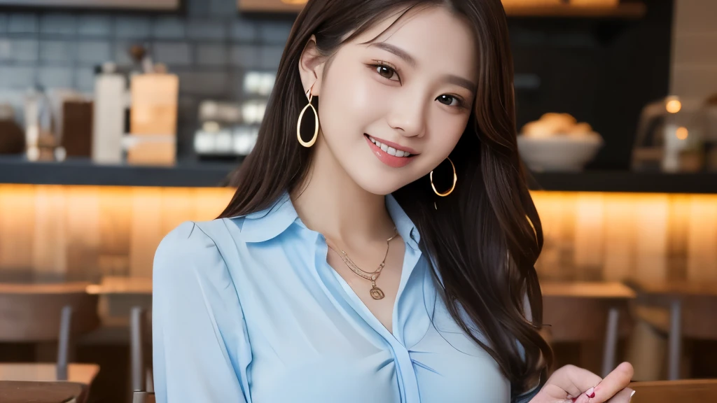 RAW Photos, High resolution, Very detailed, Intricate details, Cowboy Shot、Watching the audience、Beautiful teeth alignment, Light brown hair, Hair behind the ear、(Tied Hair:1.4)、Transparent beauty, (High quality fabric、 Office Lady、Light mustard colored dress、belt、The background is the office、Amber Eyes、Hoop Earrings、Grin、First Person View、
