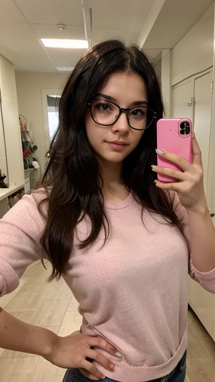 a girl with a slim build and tanned skin. She has large, round, light pink eyes with slit-like irises, giving her a cat-like look to her. Her hair goes down to her mid-back and is a similar color to her eyes. She has several grey strands of hair in her bangs as well as two star hairpins and another heart-shaped one. She wear round glasses due to bad vision. She also has quite long decorated nails that are a coral pink color and is seen wearing Gyaru makeup. Over her high she’s often seen sporting a pink oversized cardigan.