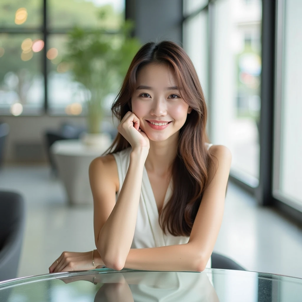 ((Top quality, 8K, masterpiece: 1.3)), Beautiful girl, pure, melon face, gentle and cute, sweet kissing gesture, sweet smile, pure desire, slender body, (front), (tilted head), ((Looking at the camera))), wearing a colorful sexy thin dress, medium hair, normal chest, long flowing shoulders, big round black eyes, big clear eyes, moist red. Lips, sweet, sitting on a chair, evening cafe terrace background, (((shot from the waist up))),