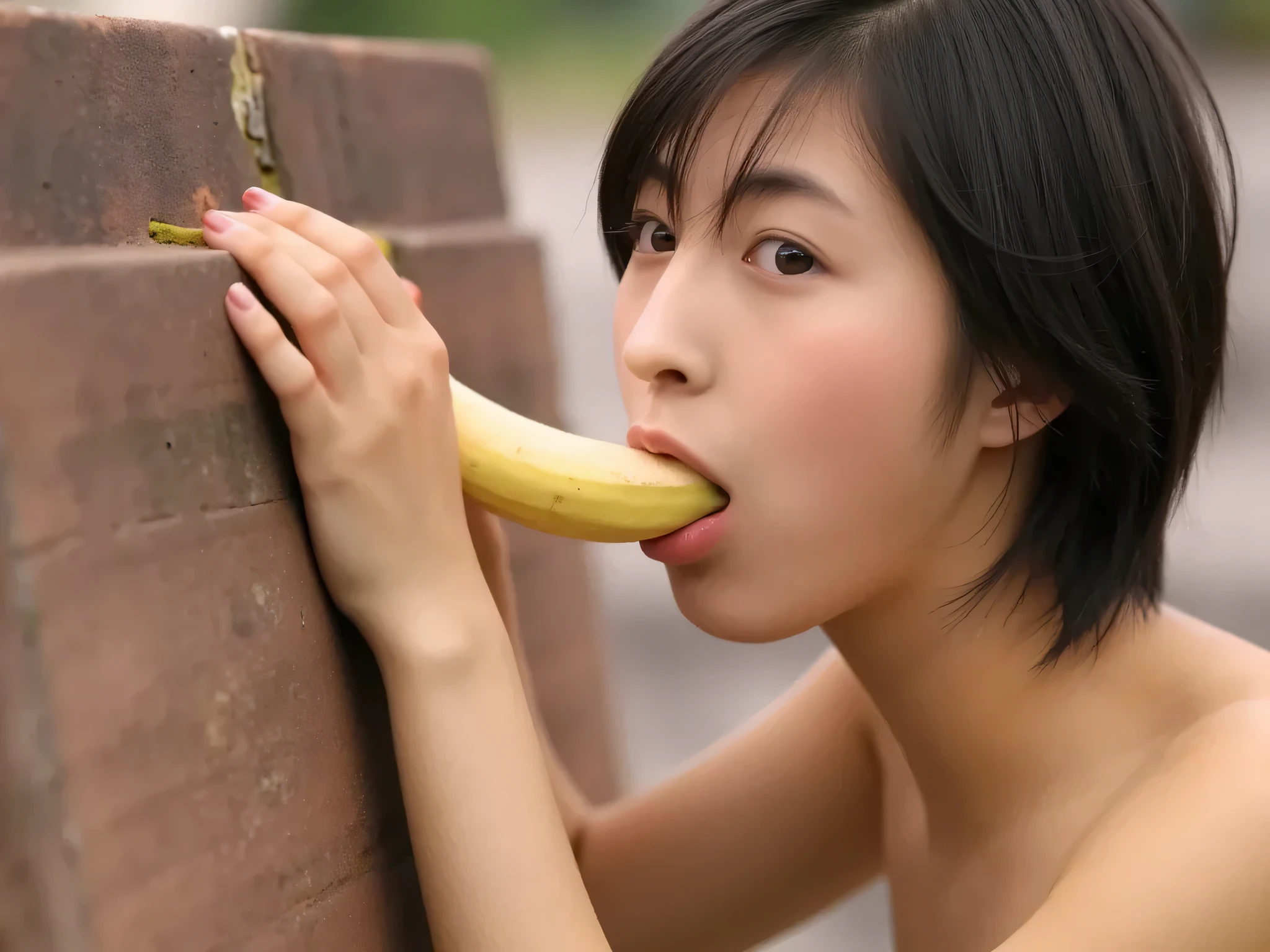 high resolution, masterpiece, anatomically accurate, High detail, beautiful Japanese、++nudes +full nude jet black hair、 Has Bananas 、 stick out your tongue、Open Your Mouth Wide、 stand a banana vertically 、 sexy、pseudo-fellatio 、Pseudo-oral sex、 Hold a banana vertically 、bedroom、 を隠す instead of a penis、in your mouth、Please stand the face-up banana vertically、A banana in the shape of an erect penis is similar to the shape of a penis、 sexy、orgasm、a banana shaped like an erect penis、 saliva 、 saliva 、 saliva 液、 semen、 semen、白い液体 stick out your tongue、Open Your Mouth Wide、