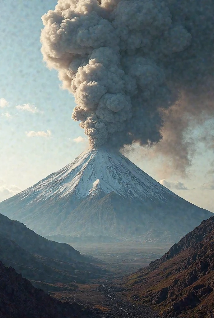 Local tipo jurasdic park, Prehistoric vegetation with huge leaves and a volcano spewing rolls of smoke