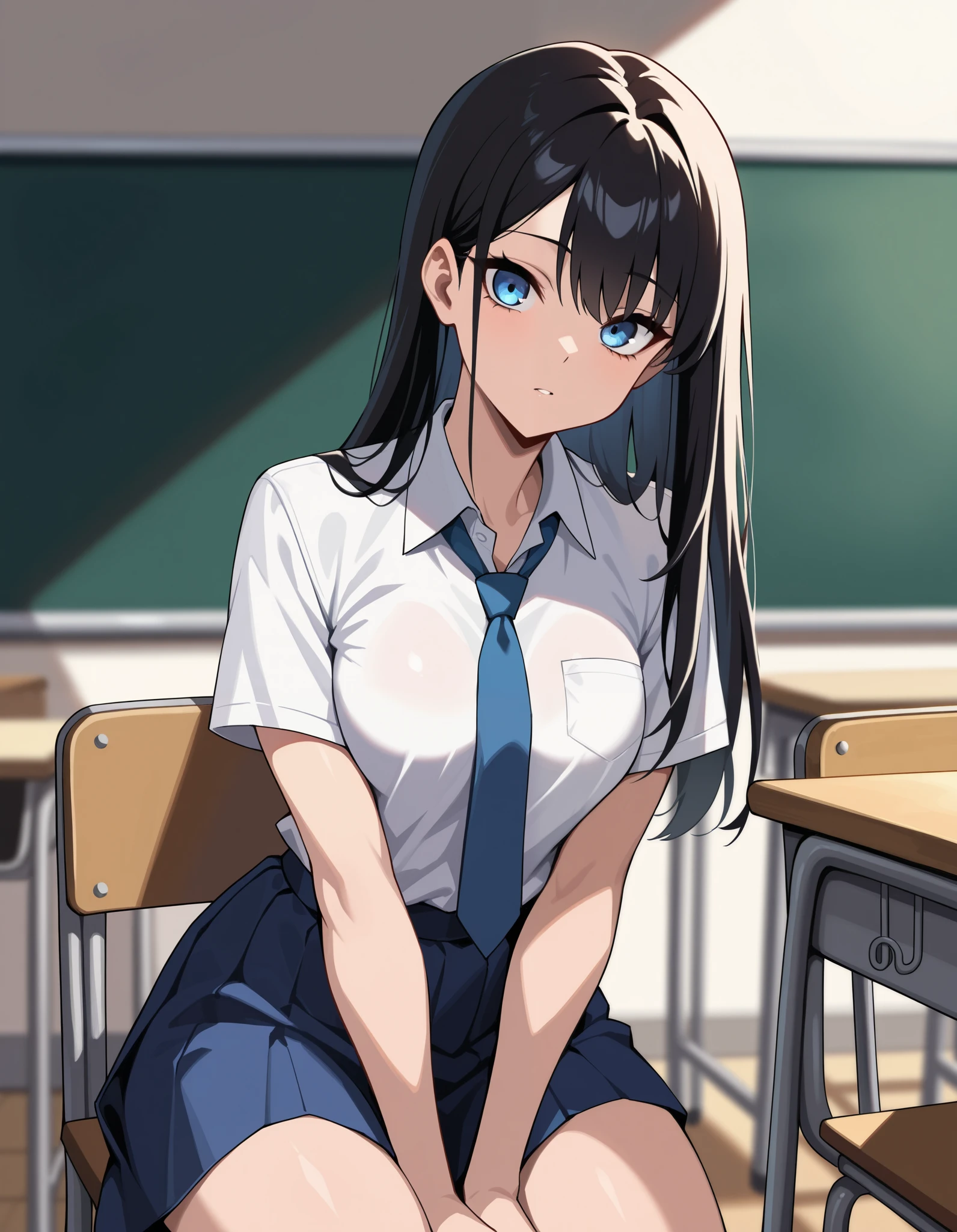 (masterpiece, ultra high definition, 16k, RAW photo, intricate), sharp focus, crisp details, 1girl , Look the viewer straight in the eye, bright expression, Classroom at a School with No One, school chair, sitting chair, black hair, long hair, blue eyes, medium breasts, school uniform, white shirt, blue tie, blue skirt, (cowboy shot), (Simple Background), blur the background