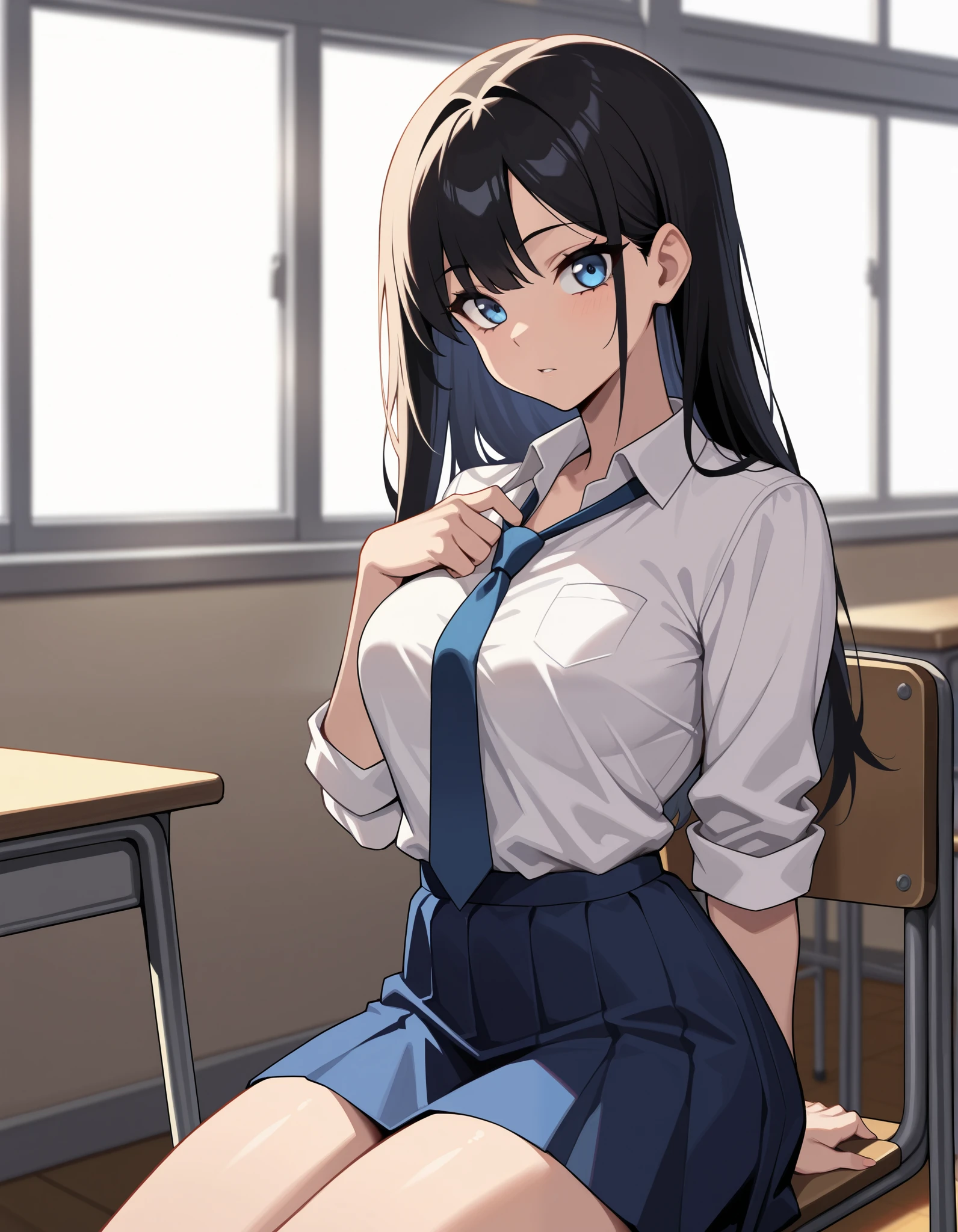 (masterpiece, ultra high definition, 16k, RAW photo, intricate), sharp focus, crisp details, 1girl , Look the viewer straight in the eye, bright expression, Classroom at a School with No One, loosen own tie, school chair, sitting chair, black hair, long hair, blue eyes, medium breasts, school uniform, white shirt, blue tie, blue skirt, (cowboy shot), (Simple Background), blur the background