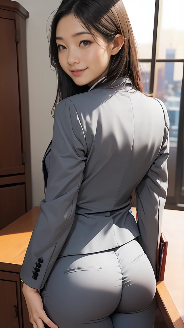 (Best quality, 8k, 32k, Masterpiece, UHD:1.2), 1girl, beautiy Irish woman, narrow waist, grey suit, open jacket, office lady, suit, skirt, from behind, office room, desk, (stick out one's buttocks:1.2), detailed face, long hair, from below, raise one leg, big ass