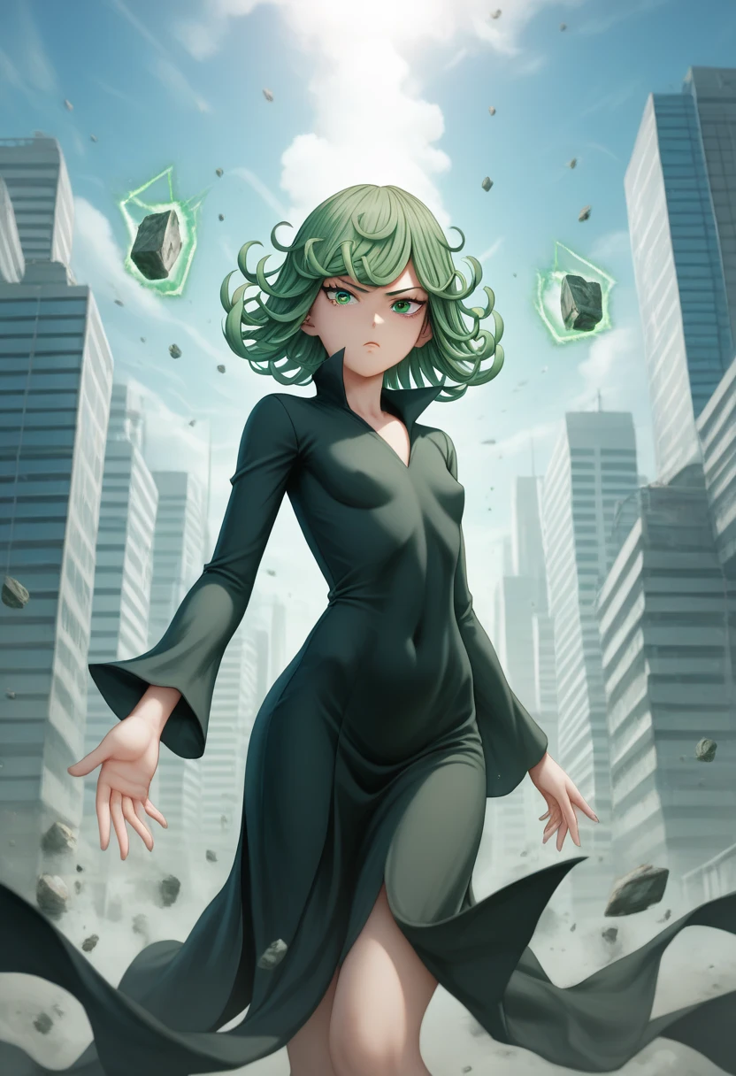 masterpiece, best quality, ultra-detailed, illustration, epic lighting, cinematic composition, isometric, 1girl, tatsumaki, petite, flat chest, black dress, pelvic curtain, long sleeves, green eyes, glowing eyes, spread arms, closed mouth, piercing gaze, from below, looking at viewer, Tindal effect, (Balance and coordination between all things), green glow, green aura, magic, spells, blue sky, (8k:1.1)  <lora:tatsumakiOnePunchMan_v10:1>  <lora:animeTarotCardArtStyleLora_v31:0.4>