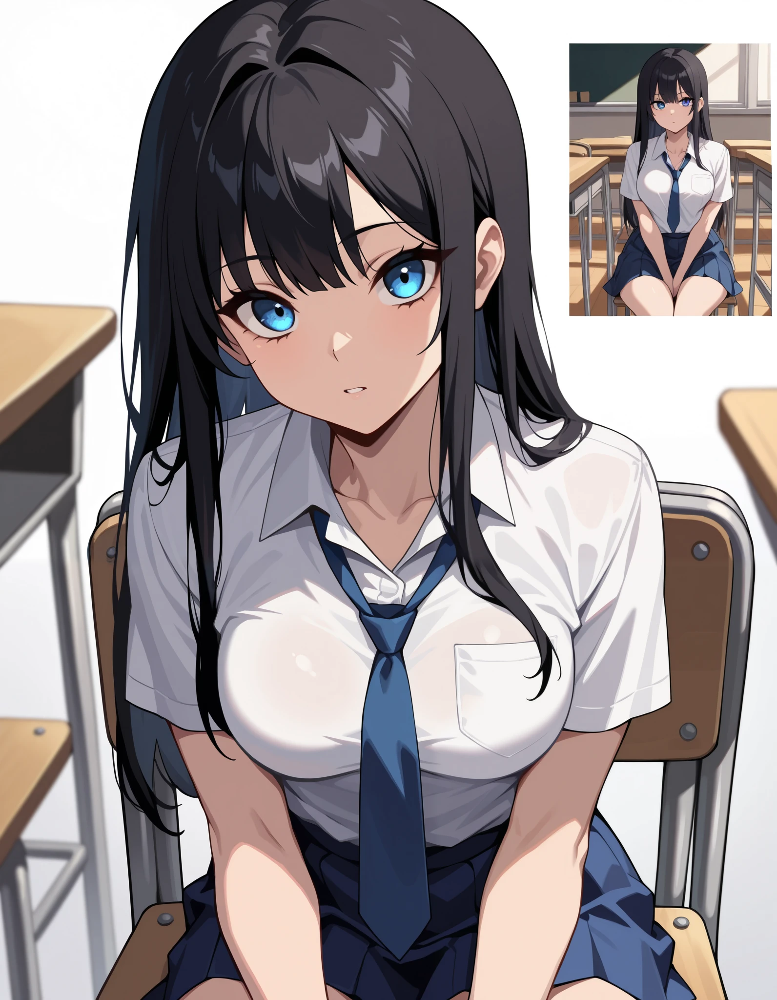 (masterpiece, ultra high definition, 16k, RAW photo, intricate), sharp focus, crisp details, 1girl , Look the viewer straight in the eye, bright expression, Classroom at a School with No One, loosen own tie, Remove your tie, school chair, sitting chair, black hair, long hair, blue eyes, medium breasts, school uniform, white shirt, blue tie, blue skirt, (cowboy shot), (Simple Background), blur the background