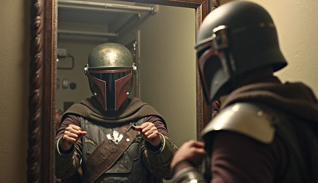 A person looking into a mirror, but instead of a normal reflection, the reflection is reaching out as if challenging them, wearing battle gear, ready for a fight. The real person looks uncertain but is starting to lift their fists."