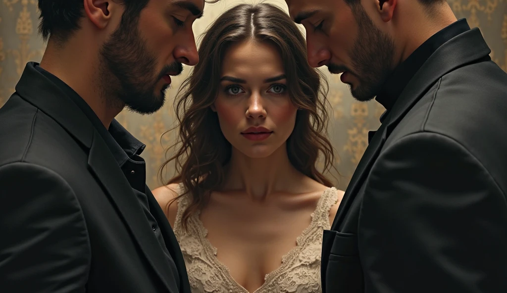 A woman in the center, hesitant, between two men who observe him with jealous anger. Soft light, romantic evening, undecided atmosphere. Realistic style. 