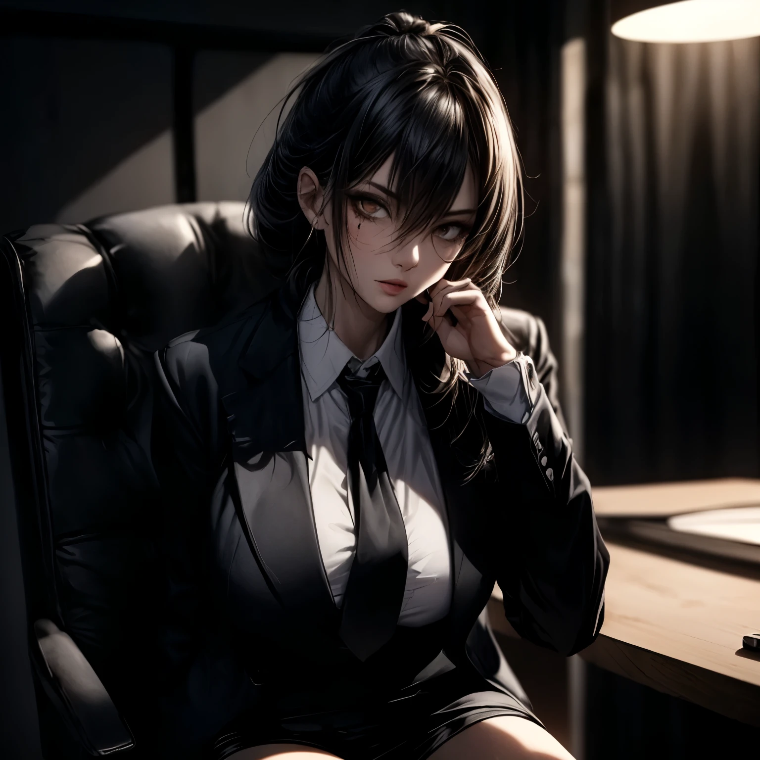 ((best quality)), ((Masterpiece)), ((Enrich the picture,Masterpiece level quality)), black hair, high ponytail, very big breasts, golden eyes, fierce woman, ultra eyes details, mafia boss, best quality, RAW 4K, Realistically, ( cinematic lighting, moody, textile shading), perfect proportions, ultra detailed, volumetric lighting, soft lighting, glossy skin, beautiful face, Special face details, strong emotions, elegant gesture, Detailed facial features, Long eyelashes, contrast, Incredible atmosphere, Fascinating setting, Haunting beauty , sexy white shirt , mafia suit , necktie , mini black skirt , office, sit on a chair , like a boss, กอดอก,