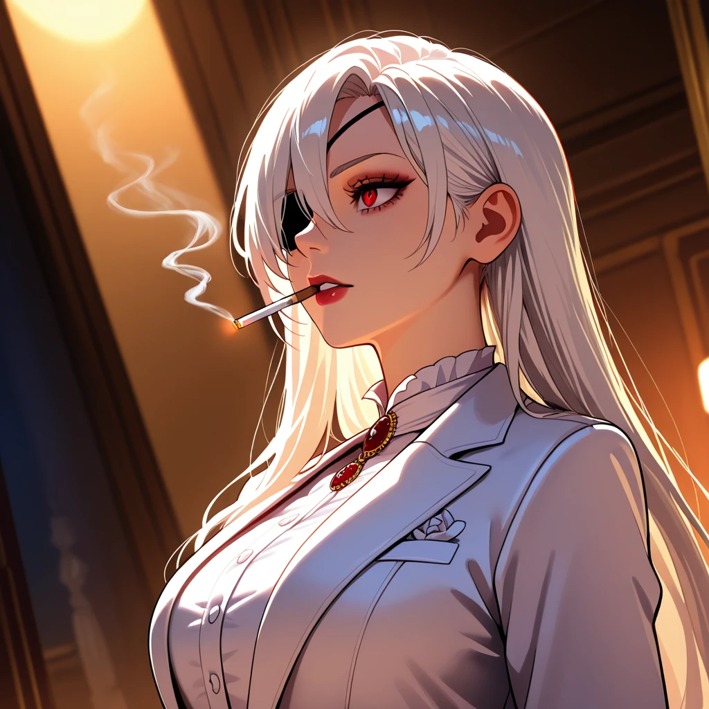 (highest quality、masterpiece:1.2), ((mature woman))huge , adult face、black chinahair、two side up、red eyes, (dark eye shadow、lots of earrings) sunglasses,smoking a cigarette,sexy china dress, black chinadress, victorian dress