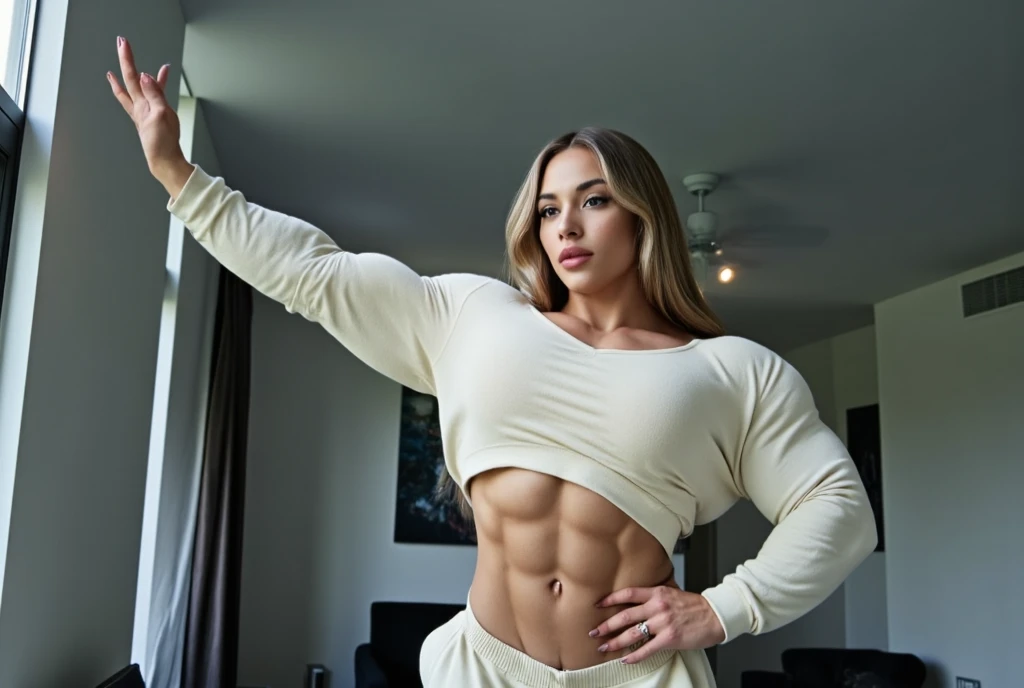 Create a hyper-detailed photo of a young woman with muscles, Rosto lindo incrivelmente perfeito, maquiagem perfeita, olhos vibrantes detalhados, platinum dutch hair, grandes e lindas pernas musculosas, big beautiful thick thigh muscles, perfect detailed abdominal muscles, Pele lisa detalhada, peito musculoso, bunda musculosa grossa, holter superior, leggings apertadas,