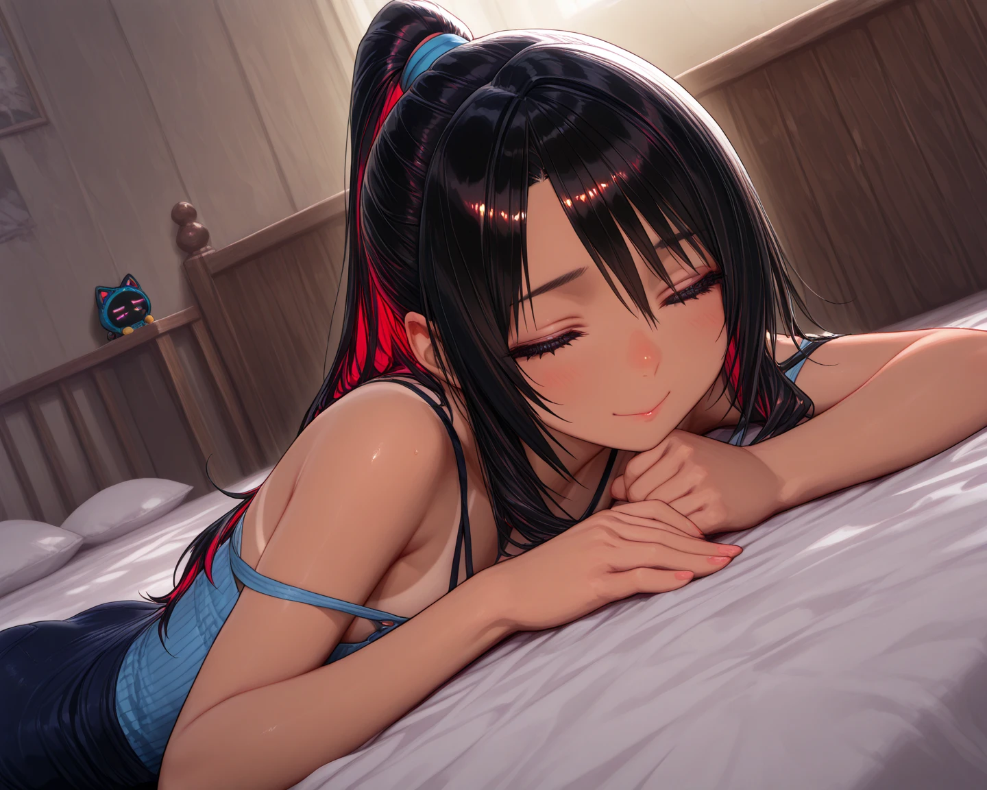 1girl, anime, black eyes, long black hair with square bangs, very long black hair, super long black hair, adult, hourglass figure, nerdy, ((((bed)))), (happy), (((bath towel))), playful