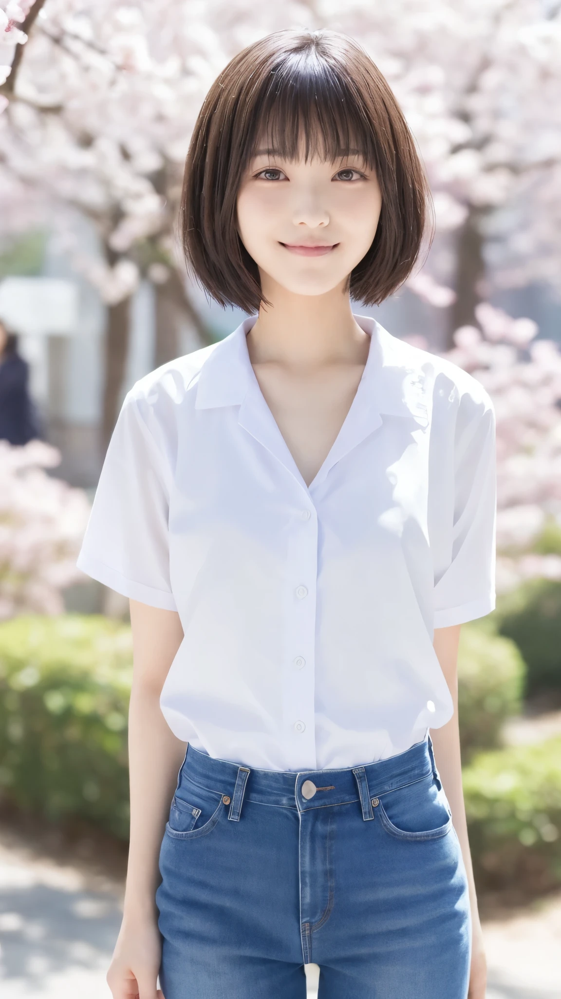 spring、springの空、Summer Park with Fresh Greenery 、beautiful attention to detail、Beautiful breasts(Beautiful breasts 1.2)、table top,best quality,非常にdetailsな,details,high resolution,In 8K,((photorealistic:1.4,RAW photo,超high resolution,best image quality:1.4))、 girl、high school student、18 years old、slender、Xiaoyan、、happy face、black cock、place arms back and forth、bob hair、Summer clothes、Pearl pink shirt with lace-like decoration on the chest、Place々Faded Blue Damaged Jeans、cherry blossoms in full bloom、Cherry tree-lined street、