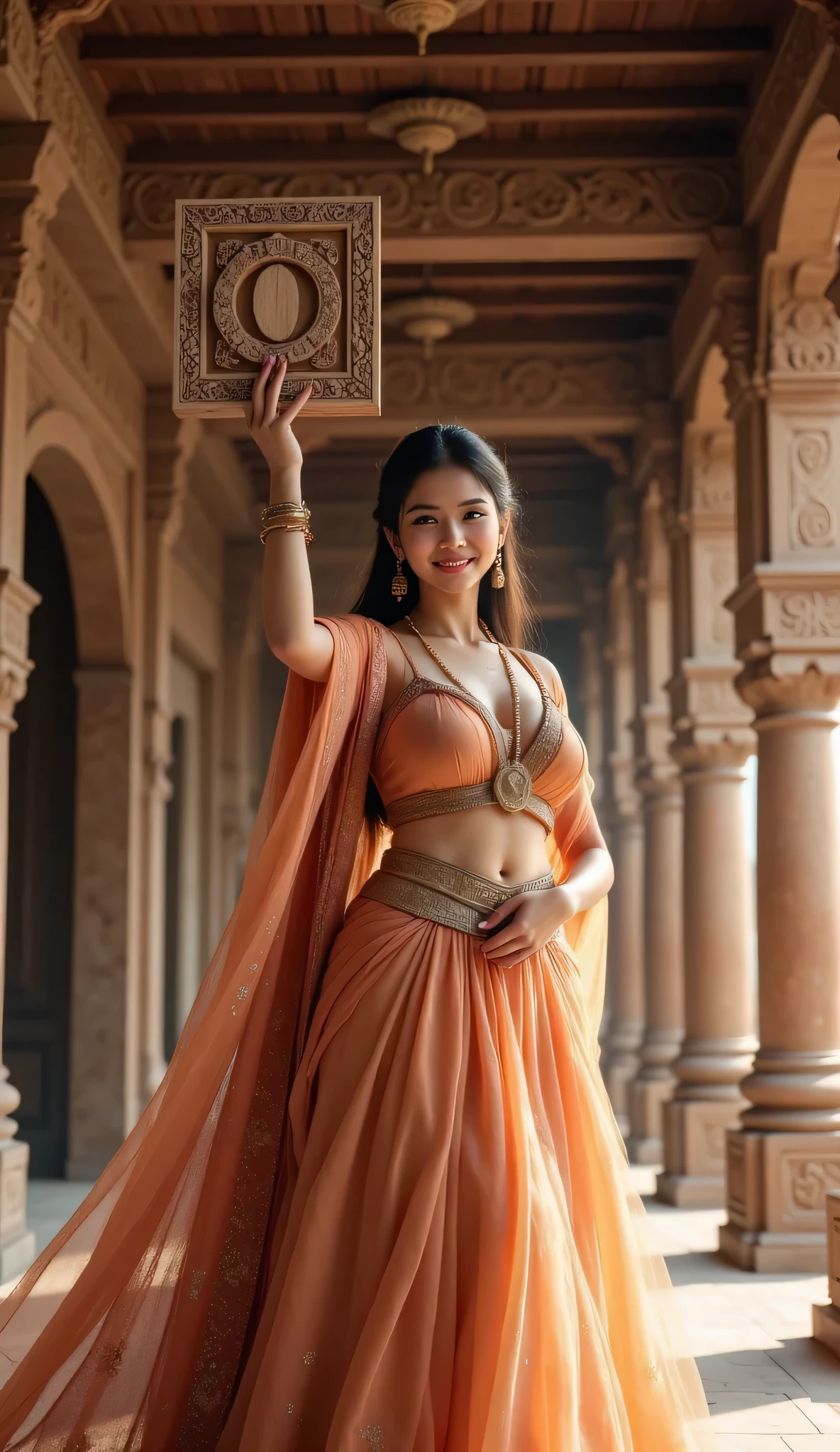 **Prompt:** Step back into the enchanting world of the Mahabharata, and discover an ancient Indian female model who embodies the essence of a bygone era. Set the scene in an elaborate, age-old numerical zero temple, where the soft whispers of history echo off the walls. She stands poised, elegantly lifting a large, intricately carved wooden square printed stamp, embellished with a realistic zero number carved that speaks to the artistry of her culture. Adorned in a lavish, multi-layered traditional Indian gown that cascades gracefully over her form, her radiant smile and subtle blush create a captivating aura of timeless charm.     The composition is a masterpiece of balance, with leading lines directing the viewer's attention to her, highlighting the rich textures of her flowing hair and the exquisite details of her garment. Behind her, the architecture glimmers with ornate wooden beams and intricate decorative scrolls, each detail adding depth to the historical narrative. Illuminated by hard ambient lighting, every aspect—from the delicate artistry of the stamp to the nuanced expressions that dance across her face—springs to life with hyper-realistic clarity.     This artwork melds traditional portraiture with a contemporary artistic style, reminiscent of stunning 3D creations found on platforms like ArtStation and DeviantArt. Captured in remarkable 8K ultra high-definition, this visual piece invites viewers to lose themselves in the seamless blend of beauty, culture, and history, showcasing an enchanting moment that transcends time. Focus on keywords like hyper-realistic, ancient Indian woman, traditional India, ornate wooden printed stamp, hard ambient lighting, and lifelike detail to enrich this scene.