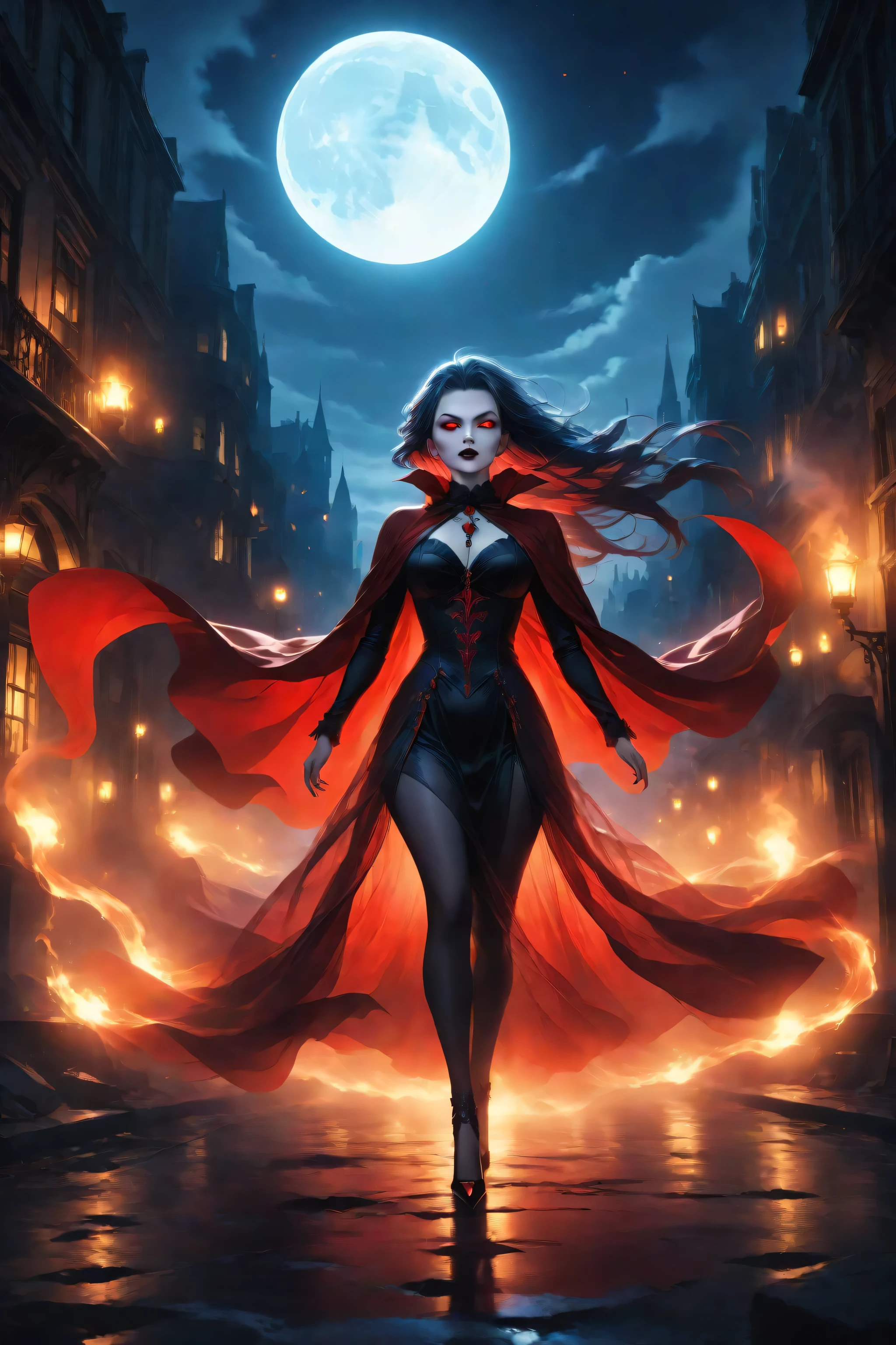 masterpiece, high score, great score, absurdres, a full body picture of a vampire queen walking in a windy day, in the big city, a beautiful mature vampire queen, elegant vampire, glowing eyes, dynamic hair color, dynamic hair style,  wearing transparent voile fabric dress, billowing in the wind, flowing red cloak, high heels, standing in goth city at night, windy night, goth buildings, lit by torches, moon in the sky ,16k, [ultra detailed], masterpiece, best quality, (ultra detailed), fantasy, Cinematic Shot