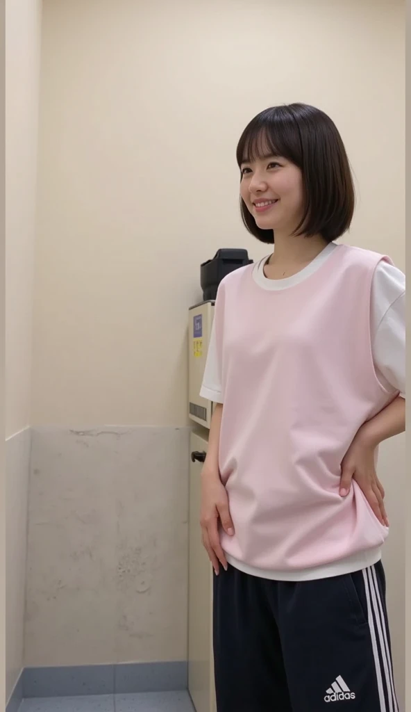 Magazine cover, (masterpiece, best quality:1.2)magazine cover，,1 girl, alone,Exquisite hair color，，( Wearing white sexy shorts and sportswear:1.2)，too big,glowing skin，earrings（（（excited expression）））blush，in the gym，Perfect body，pink lips