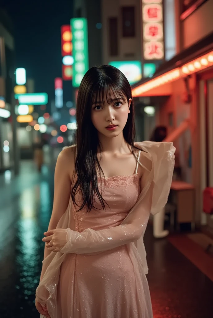 Thai girl, middle school girl, cute face, 15 years old, seductive face, short shoulder length hair, proportionate figure, showing breasts, showing off figure, pajamas, on the roadside, rural area, at night.