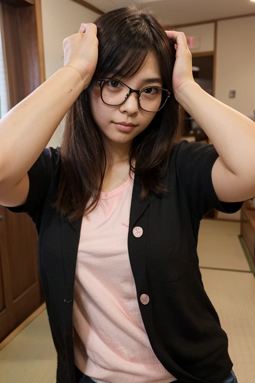 (nude), (big breasts: 1.6), (masterpiece), top quality, very detailed, flowers, delicate and beautiful, (from oblique sideways), (1 person: 1.4), (solo: 1.2), big breasts, (pink bathrobe: 1.5), bathrobe of large size, bare shoulders, (underbust: 1.6), (brown skin: 1.6)), beautiful eyes, (disheveled short light brown twintails), photography, Over-the-shoulder shot, professional, Canon camera, dark tan marks, protruding areolas, panty shots, hammy breasts, side breasts, embarrassed look, brown round glasses, looking at the camera, full body, big buttocks: 1.3, cleavage, sweat-wet skin, sweat-damp bra and shorts, leaning on the balcony with night sky, smile, wet hair, night, tired look,