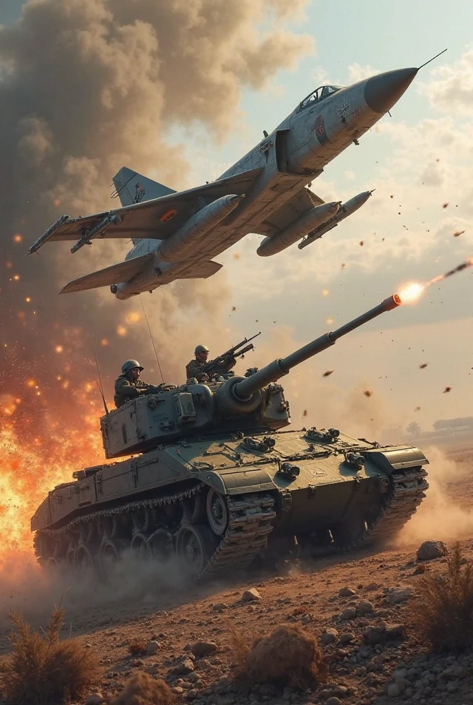 epic, photorealistic image of five soldiers. in the center, tank division captain, thin on BG, artillery