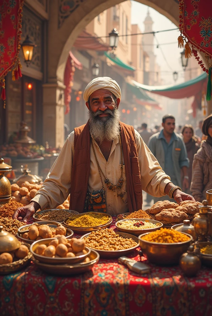 Bazar oriental em Marrakech. Close-up of an Arab merchant woman. Around the abundance of oriental products, Memories, pratos, tapetes. Produtos muito coloridos. Lamparinas e tapetes coloridos. Fundo urbano borrado na sombra do sol escaldante.