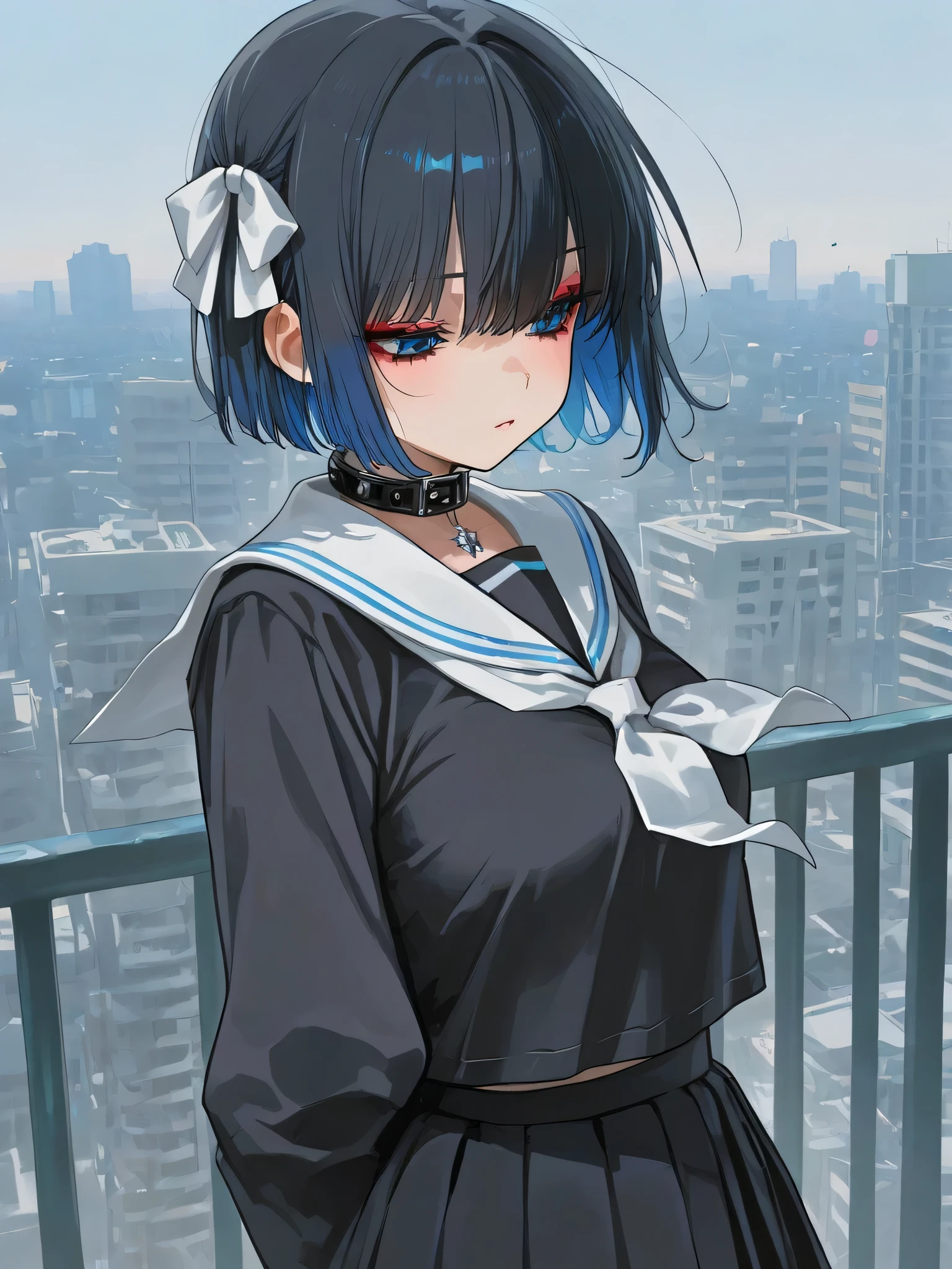 score_9, score_8_up, score_7_up, score_6_up, source_anime, 1girl, solo,  pmMly,best quality ,very aesthetic ,amazing quality, black hair, blue eyes, short hair, hair bow, white bow, black shirt, collar, neckerchief, black skirt, pleated skirt, looking at you, medium breasts, city, goth,eyeshadow.