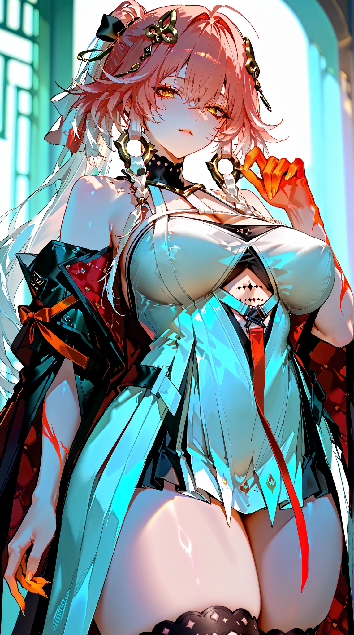 Anime Kawaii sexy Perfect Slim sensual body large breast and huge thighs, An intricate and highly detailed illustration of anime (Young girl). glare eyes, colorful bright hair, wearing science fiction jacket, anime styling, high détail, Futurism, shine light, ultra HD, retina, work of art, precise, anatomically correcte, texturized skin, super detaill, high détails, high qualiy, awardwinning, best qualityer, high resolution