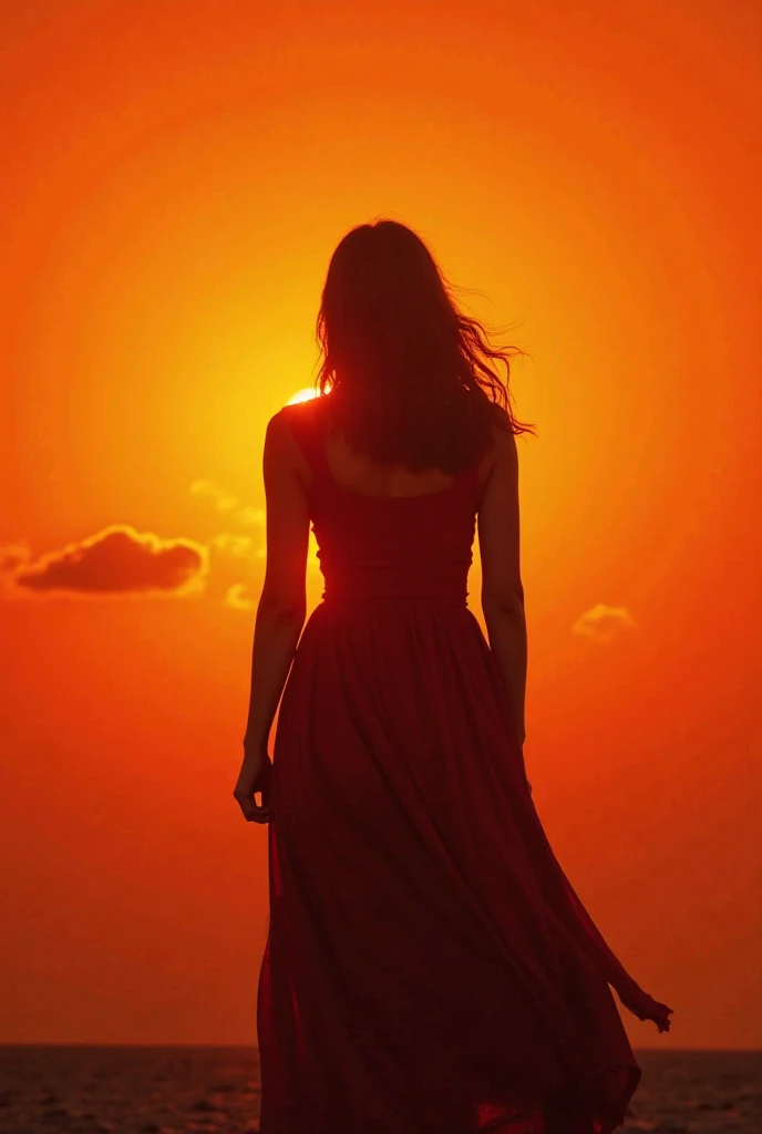 beautiful woman looking at camera, red dress bright sunset
