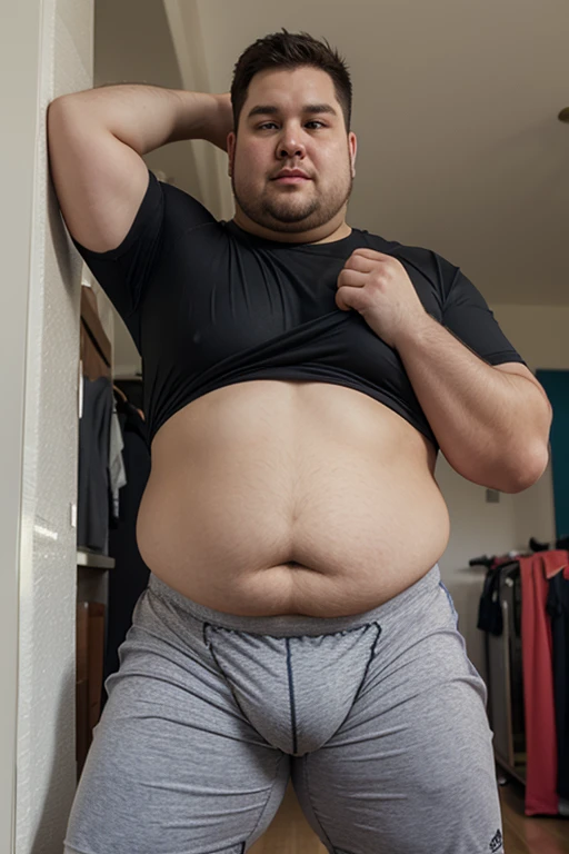 1 chubby man with extremely thick thighs large belly fat wearing a sleeveless t-shirt sitting in front of the mirror taking a selfie with his cell phone , gray sweatpants, Eyeglasses, barbar grande cheia e longa, grisalho, nordic lanyard on neck rings watch bracelet full body tattoos full body photography full body image, sitting on a bench in a gym, em uma academia, heavy appearance, encorpado, He's strong, He's chubby, muscular, He's bald with a mustache, barba a fazer, negro, encorpado, parrudo, ele tem cerca de 58 anos de idade, ele tem cerca de ,58 anos, coxas grandes, malhar. Usando fones de ouvido cor vermelho com detalhes branco. Malhando de frente ao expectador