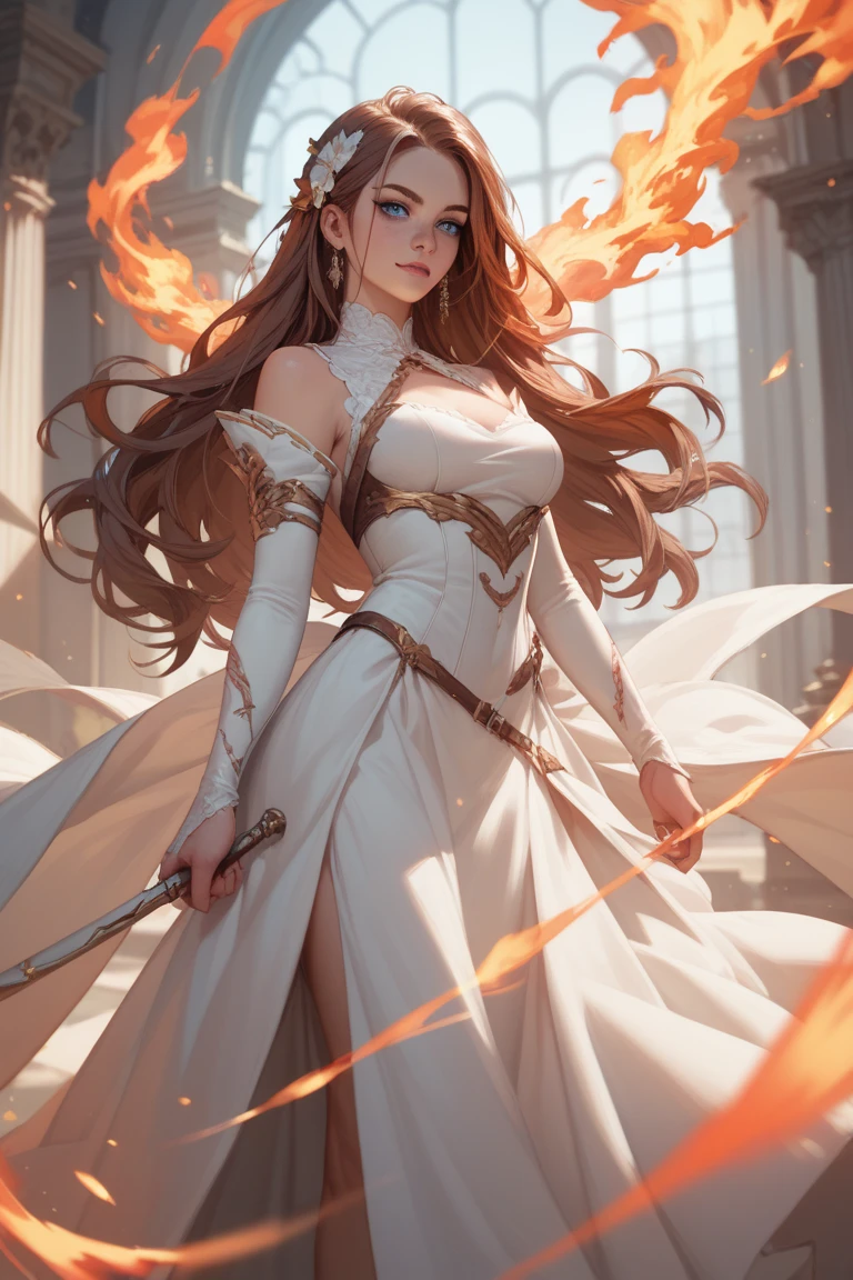 A captivating digital artwork by Matt Cavotta, winner of the Unsplash contest, featuring a blonde-haired woman wearing a simple icy blue gown. She is gracefully walking up a hill at sunset, with a breathtaking sky as the backdrop. The realistic magical scene showcases the girl standing on a hill, with her gaze fixed on the setting sun. The cinematic portrait captures her in a dramatic, full-body shot, showcasing her silhouette against the golden hour. The combination of the ethereal atmosphere and the dramatic lighting creates a mesmerizing cinematic experience., cinematic