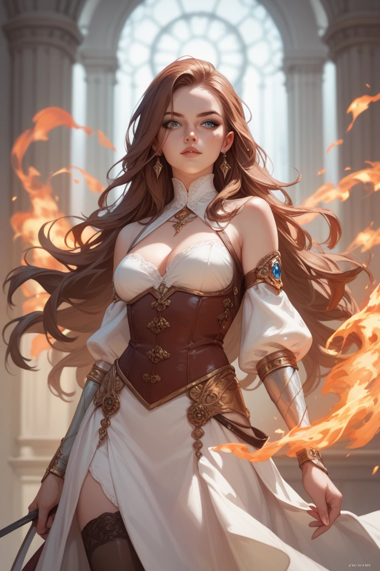 240710B. Masterpiece. A hyper realistic image of Claire. Beautiful woman. ((Perfect body)). Sexy. Slim. ((Solo)). ((Minotaur. In the Dimly lit labyrinth with stone walls and flickering torches. Standing confidently by a stone pillar, skirt flowing around her. Brown leather corset with gold accents, dark red flowing skirt with high slit, and gladiator-style straps. Sheer black stockings. Hairstyle: Wild, loose curls. Makeup: Smoky eyeshadow, dark red lips. Gold arm cuffs, horned headpiece.)). (See-through, bare pantyhose). ((Show erected small areolas thru clothes)). ((Show trimmed vulva)). ((Divine features, oval face)). Graceful presence. (Captivating and perfect grey eyes). (Silky ginger hair). Rosy tint complexion. Captivating smile with enchanting lips. Slender figure. ((Perfect hands)). Sense of style with alluring charm. Effortless elegance, sophisticated. ((High fashion image)). (((((Cowboy shot))))).