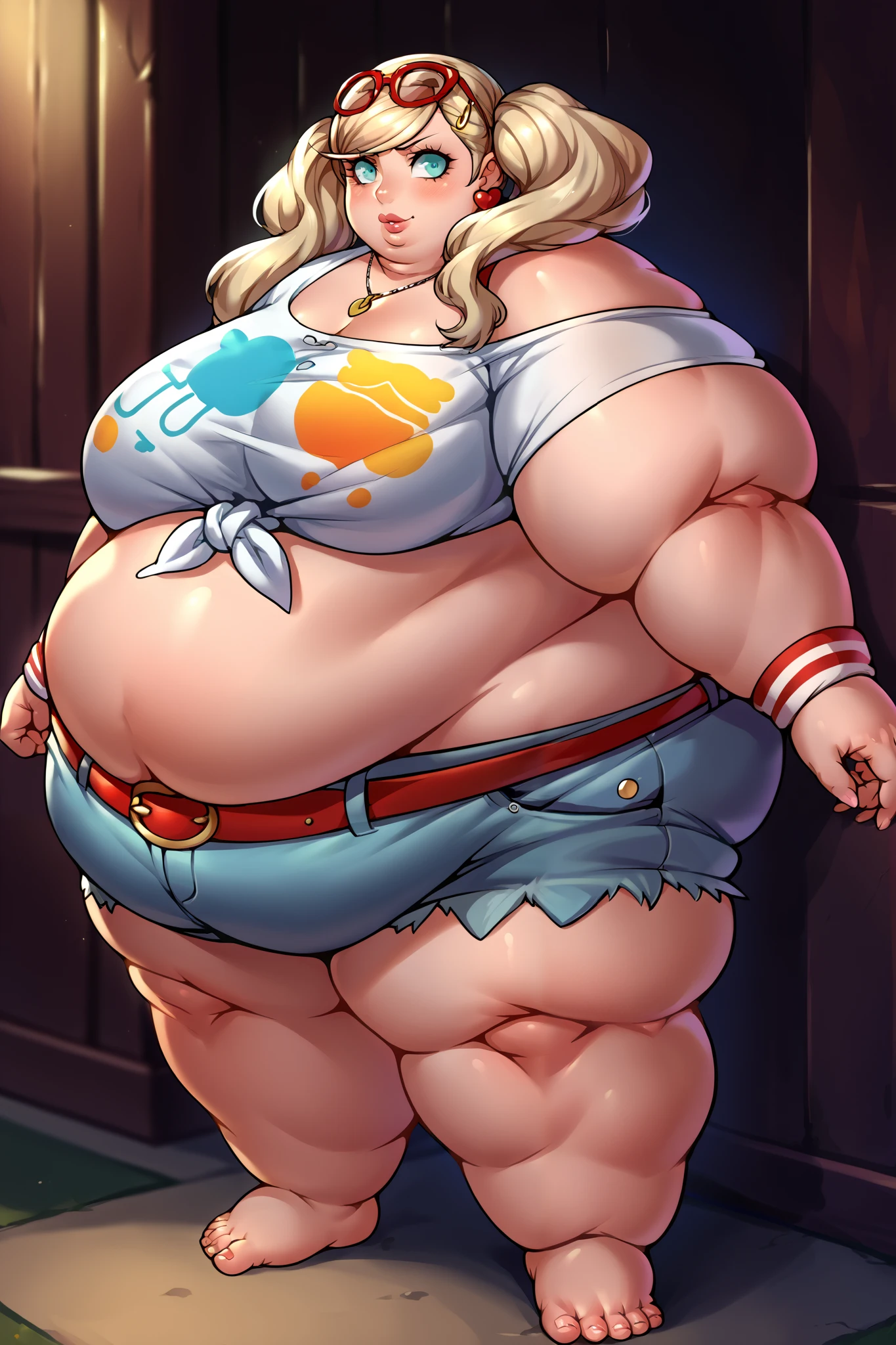 horny, blushing, holding belly, looking at viewer, flabby , giant , looking at viewer, large belly, obese, belly bursting through clothing, double chin, obesity, flabby breasts, fat arms and legs, fat everything, fat beIly, fat, ssbbw, obese, large belly, cute, pretty, parted lips, upper teeth, high quality, 1girl, solo, joyful, Yoimiya, japanese orange clothing, zoomed out:1.1, full body:1.1, entire body:1.1, (full body), detailed hands, short, straight hands,