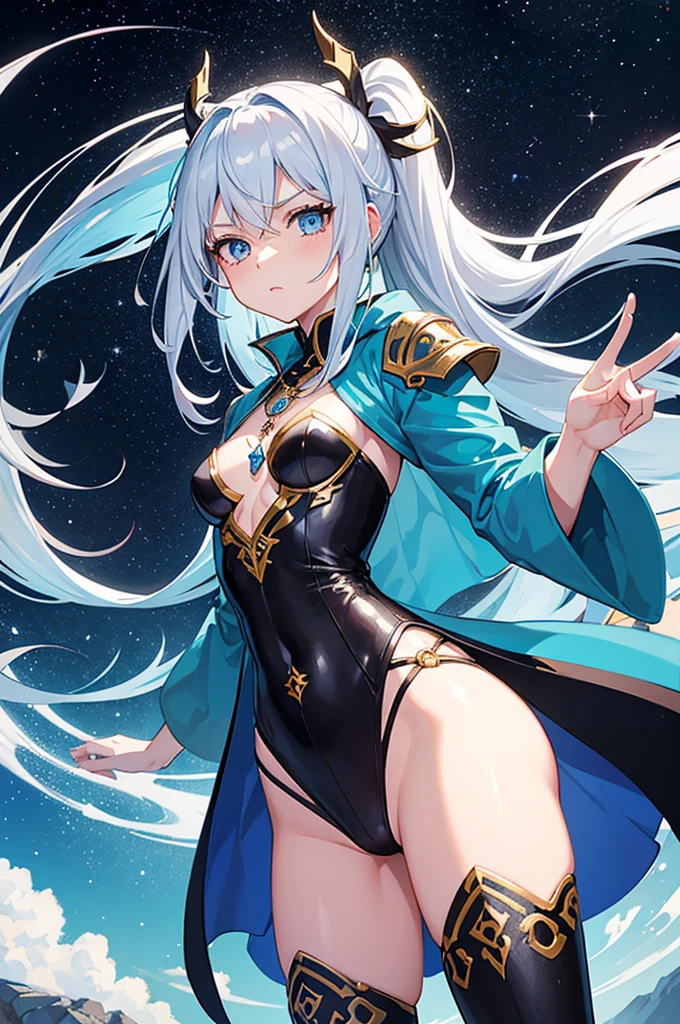 strong wind、cloak、naked、pubic hair、female organ、Blue tattoo、front、Beautiful Girl Magician、light blue hair up style、((whole body))、(((photo taken from below)))、magic circle、background is sky