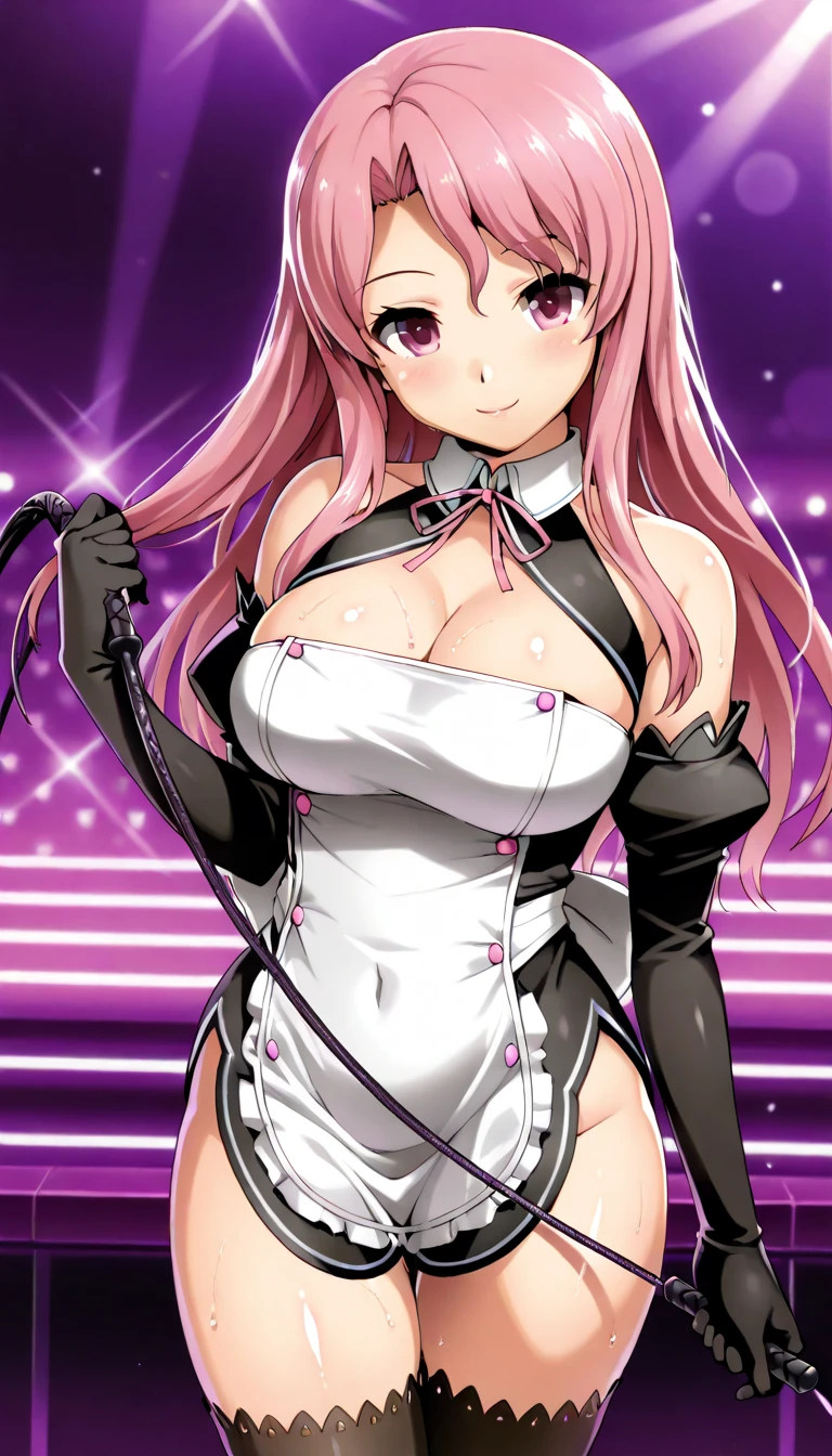 (masterpiece、highest quality、Super detailed)、((One woman))、((Pink Hair))、((Twin tails))、((Light blue eyes))、((evil smile))、Earrings、((Very large breasts))、((black playboy bunny))、((thong))、Cowboy Shot、turn around、((Turning your butt off))、((Shoot from behind))、((Big Ass))、((put your hand on your butt))、Stage Background