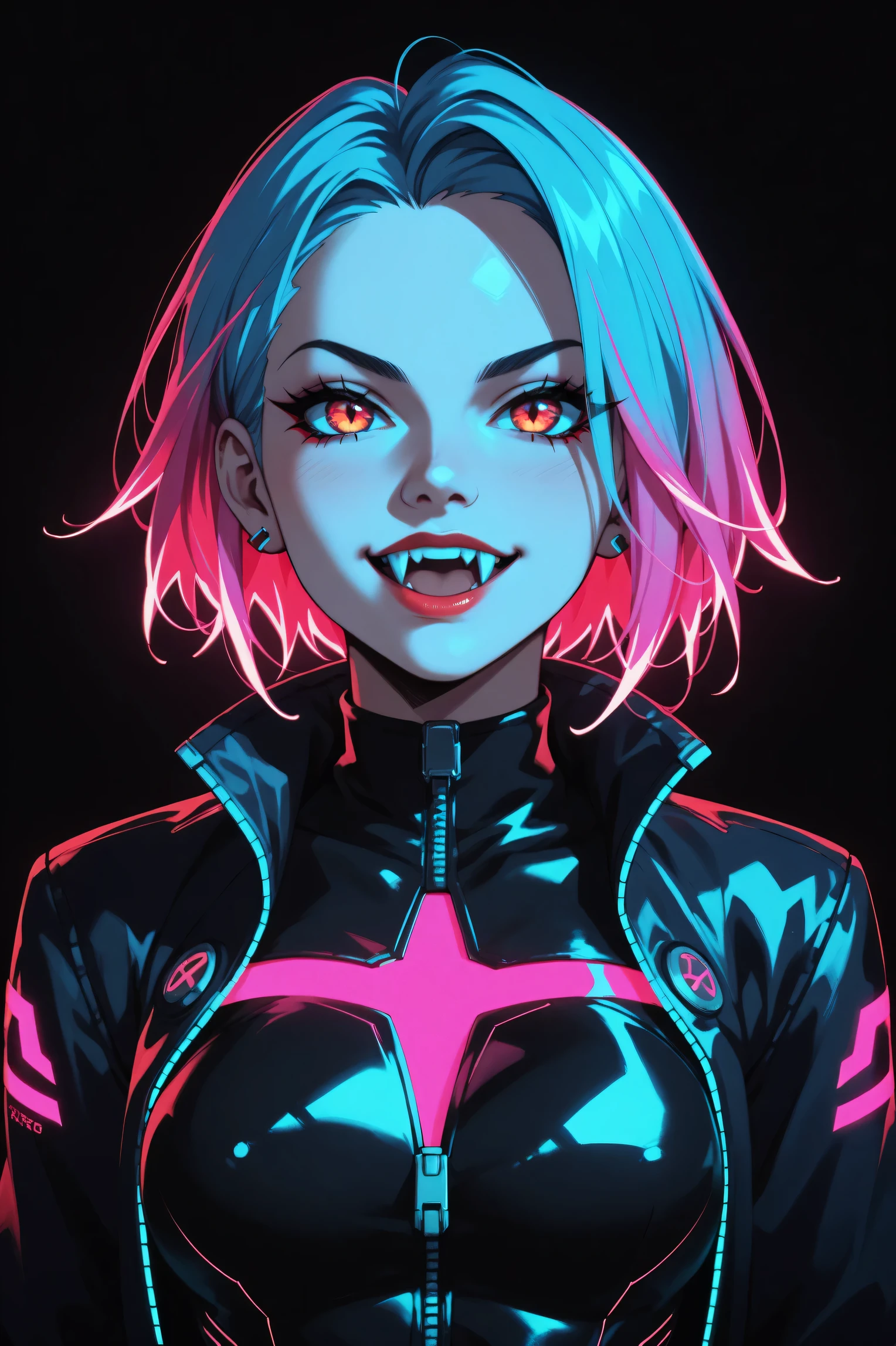 cute anime vampire girl, neon hair, neon fangs, neon lights, neon colors, black dark background, black futuristic style outfit, neon glowing outlines, masterpiece, highest quality,amazing quality,absurdres