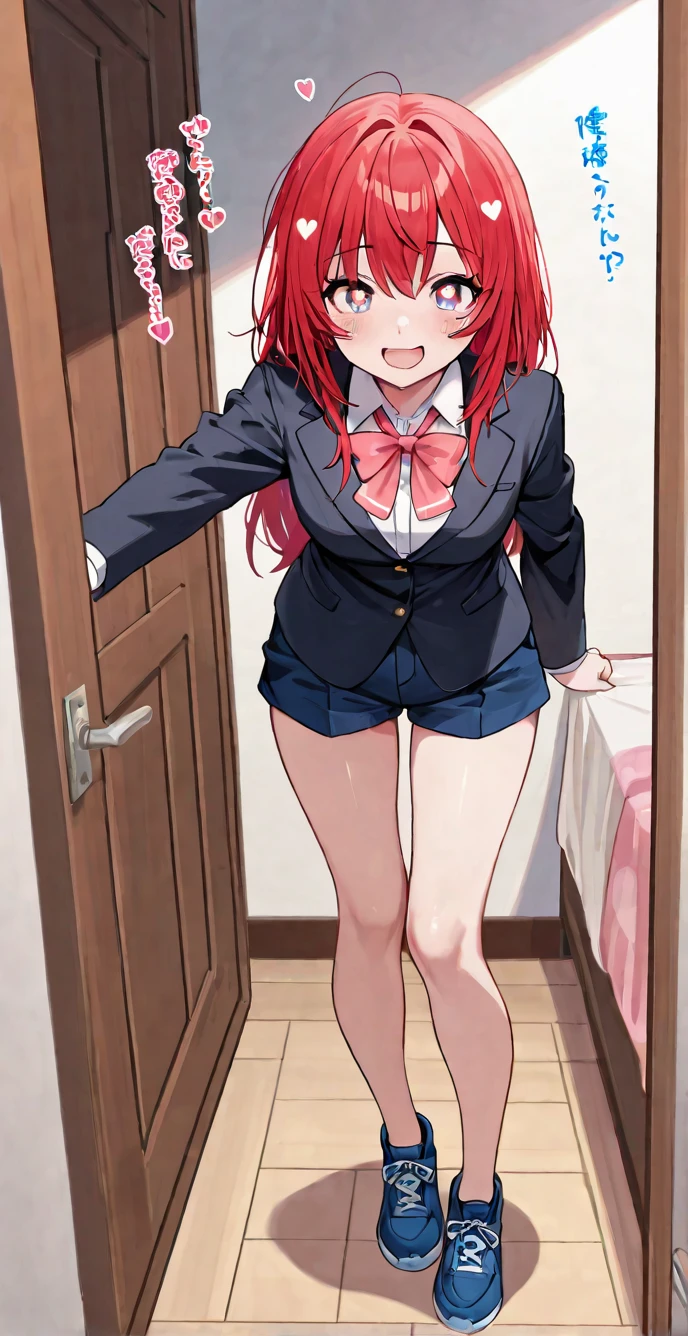 (Highly detailed CG Unity 8K wallpaper artwork),(Best Quality),(Ultra-detailed),(Best Illustration),(Best Shadow),(absurderes), Remi, 1girl in, Solo, Closed eyes, Open mouth, Smile, School uniform, Portrait, Pink hair, Red hair, Bangs, Bow, Twin-tailed, Red bow, Shirt, Collared shirt, Long hair, Cowboy Shot, Anime coloring,Anatomically correct, (Skirt lift:1.3), (panties:1.3)、(Skirt that rolls up:1.3)、(Fully exposed panties:1.5)、
