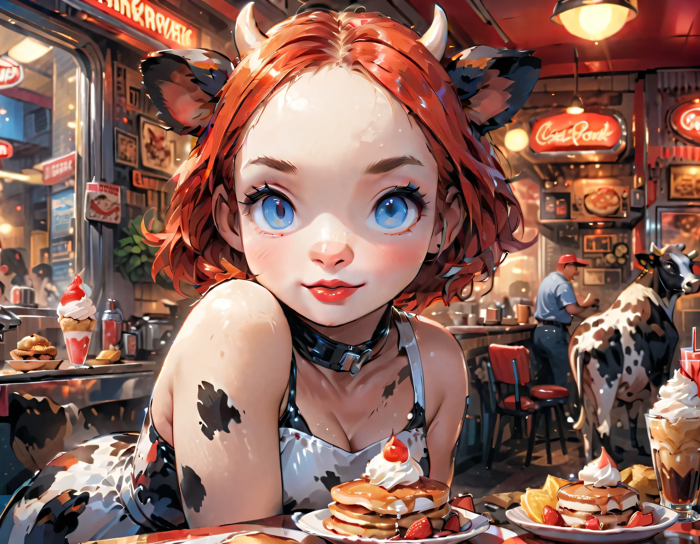 a 3D digital painting picture of extremely beautiful  (anthropomorphic cpw:1.3) serving a plate with pancakes with ice cream, whipped cream, in American diner, an exquisite beautiful female (cow anthropomorphic:1.3), ultra feminine ultra detailed face, red hair, short hair, little fury, red lips, blue eyes, wearing sexy white seductive latex dress, looking at a American  kitchen background,  dynamic angle, , award winning, best quality, high quality, high details, highres, vibrant, Ultra-high resolution, High Contrast, (masterpiece:1.5), highest quality, Best aesthetics, best details, best quality, highres, ultra wide angle, 16k, [ultra detailed], masterpiece, best quality,  photorealistic, 3D rendering, furry
