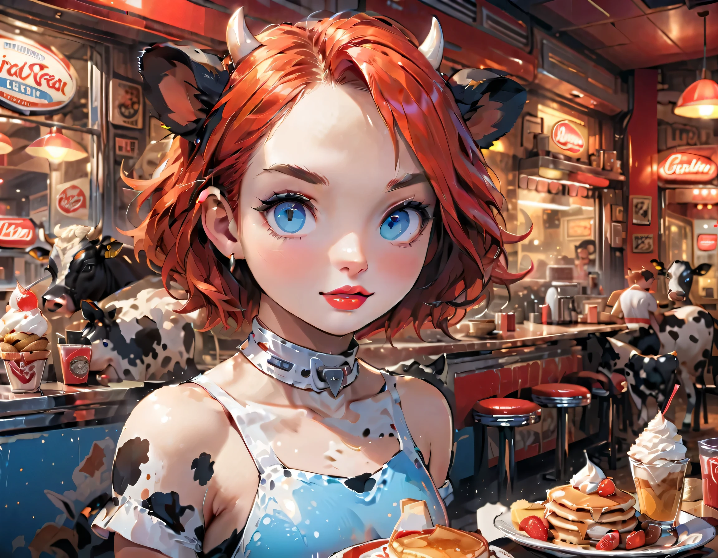 a 3D digital painting picture of extremely beautiful  (anthropomorphic cpw:1.3) serving a plate with pancakes with ice cream, whipped cream, in American diner, an exquisite beautiful female (cow anthropomorphic:1.3), ultra feminine ultra detailed face, red hair, short hair, little fury, red lips, blue eyes, wearing sexy white seductive latex dress, looking at a American  kitchen background,  dynamic angle, , award winning, best quality, high quality, high details, highres, vibrant, Ultra-high resolution, High Contrast, (masterpiece:1.5), highest quality, Best aesthetics, best details, best quality, highres, ultra wide angle, 16k, [ultra detailed], masterpiece, best quality,  photorealistic, 3D rendering, furry