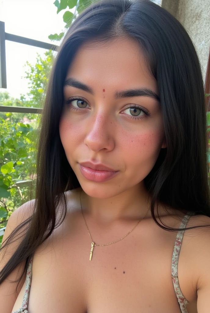 High quality Selfie of a female ager in her garden with lots of light, she is wearing a dress with an opening in the chest, she has white skin tone, long straight black hair, freckles, He is in a relaxed situation, which is reflected on his face, a selfie with a good composition.
