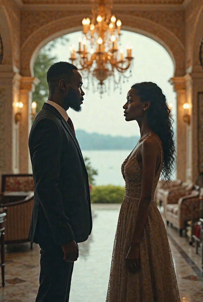 "A beautiful, curvaceous African woman in a wedding dress, seated with remarquable handcuffs associated with chains around her wrists, holding a bouquet of flowers. She appears confident and stunning, with a healthy, very few plumping and collarbones not visible. Behind her stands a tall, imposing African man in a suit, exuding a mysterious aura. The background is elegant, with warm lighting that highlights the luxury and drama of the scene."